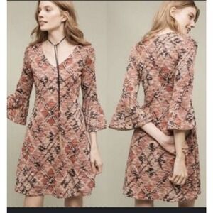 Anthropologie MAEVE Plaid Argyle Erina Swing Dress Knit Bell Sleeves ~ Small